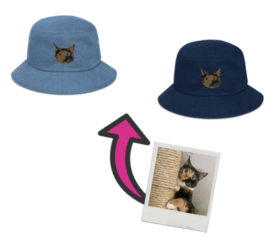 Custom Photo Embroidered Denim Bucket Hat, Personalized Bucket Hat, design your own Bucket Hat, add photo, logo, artwork, gift, Made in USA, Embroidery
