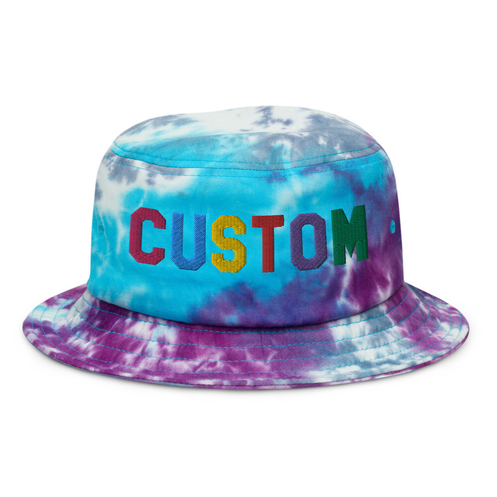 Custom Embroidered Tie Dye Bucket Hat, Personalized Bucket Hat, design your own Bucket Hat, add your text, choose your font, Made in USA, Embroidery