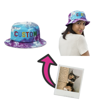 Custom Photo Embroidered Tie Dye Bucket Hat, Personalized Bucket Hat, design your own Bucket Hat, add photo, logo, artwork, gift, Made in USA, Embroidery