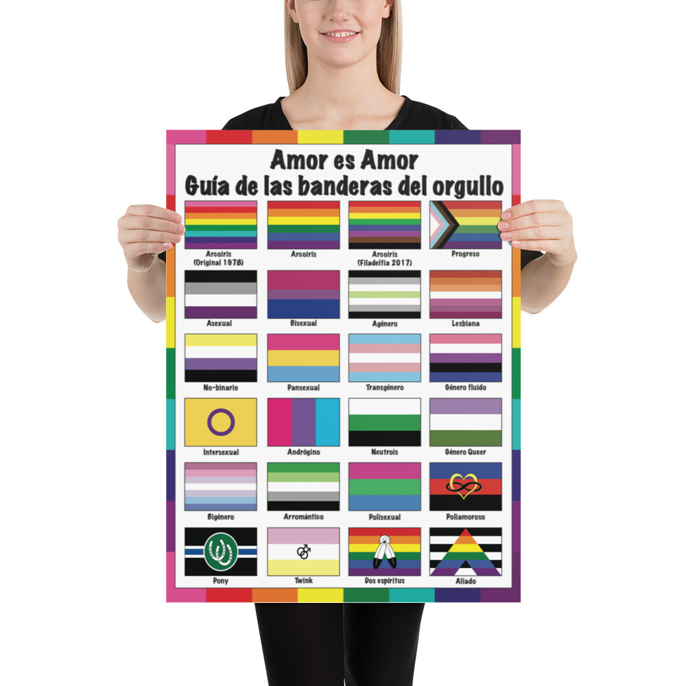 🤴🏽👸🏽🏳️‍🌈 Poster Print unframed Amor es Amor, banderas del Orgullo, Guide to Pride flags, LGBTQ flags, Rainbow flags, gift, Classroom, School, Children, Wall art, Home decor