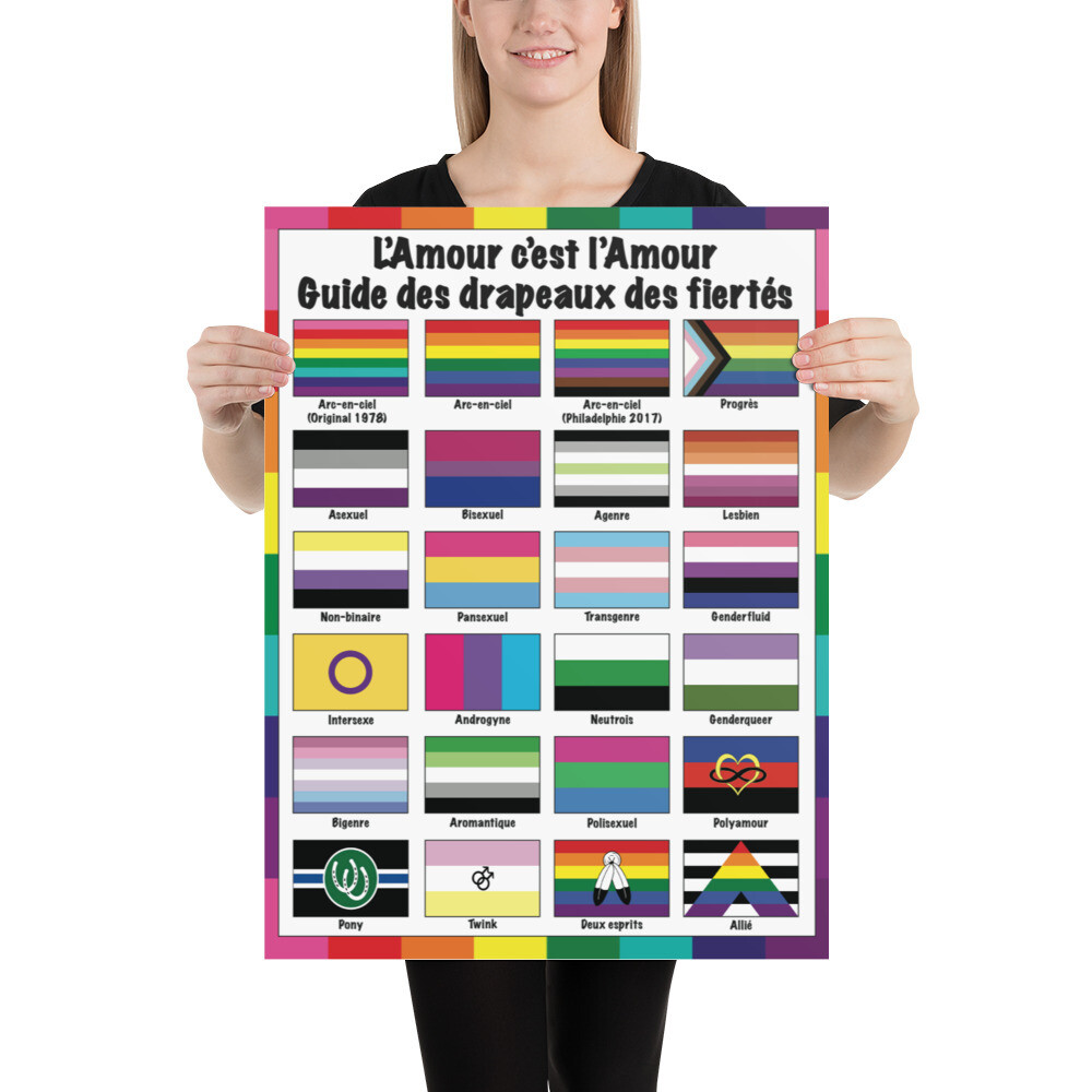 🤴🏽👸🏽🏳️‍🌈 Poster Print unframed L'Amour c'est l'Amour, Drapeaux des fiertés, Guide to Pride flags, LGBTQ flags, Rainbow flags, gift, Classroom, School, Children, Wall art, Home decor