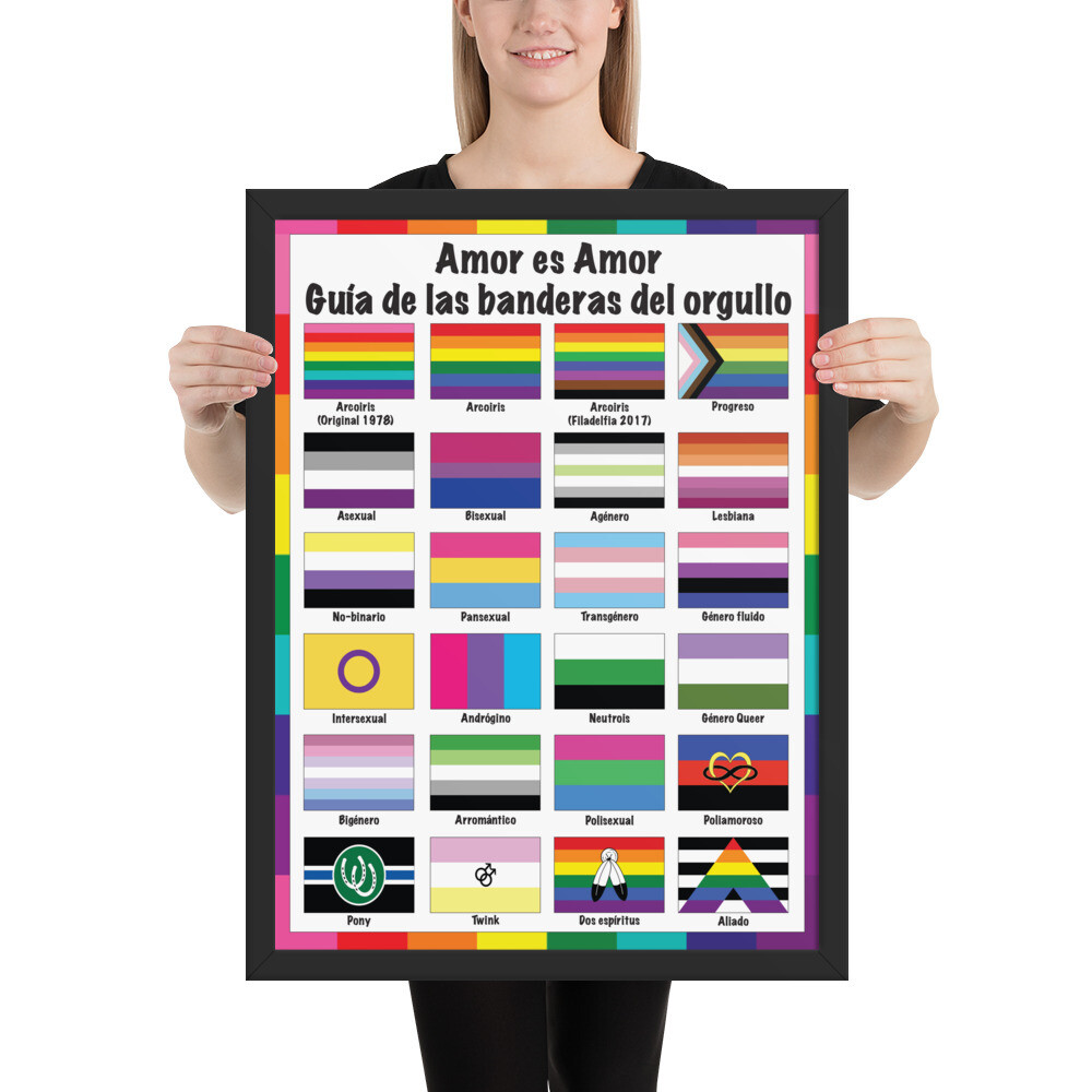 🤴🏽👸🏽🏳️‍🌈 Framed Poster Print Amor es Amor, Banderas del Orgullo, Guide to Pride flags, LGBTQ flags, Rainbow flags, gift, Classroom, Children, School, wall art, home decor