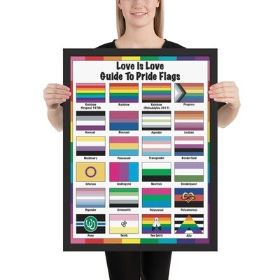 🤴🏽👸🏽🏳️‍🌈 Poster Print framed Love is Love, Guide to Pride flags, LGBTQ flags, Rainbow flags, gift, Classroom, Home School, Children, School, wall art, home decor