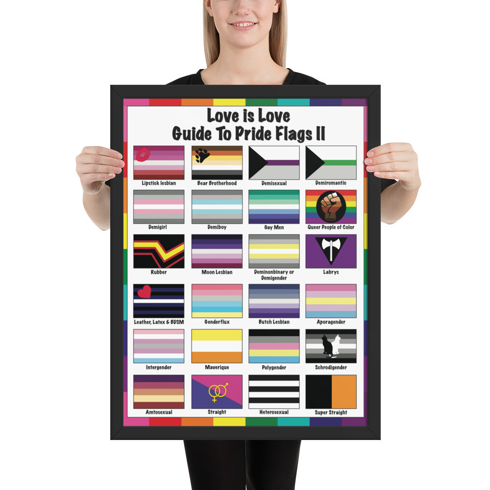 🤴🏽👸🏽🏳️‍🌈 Framed Poster Print Love is Love, Guide to Pride flags II, More LGBTQ flags, Rainbow flags, gift, Classroom, Children, School, wall art, home decor