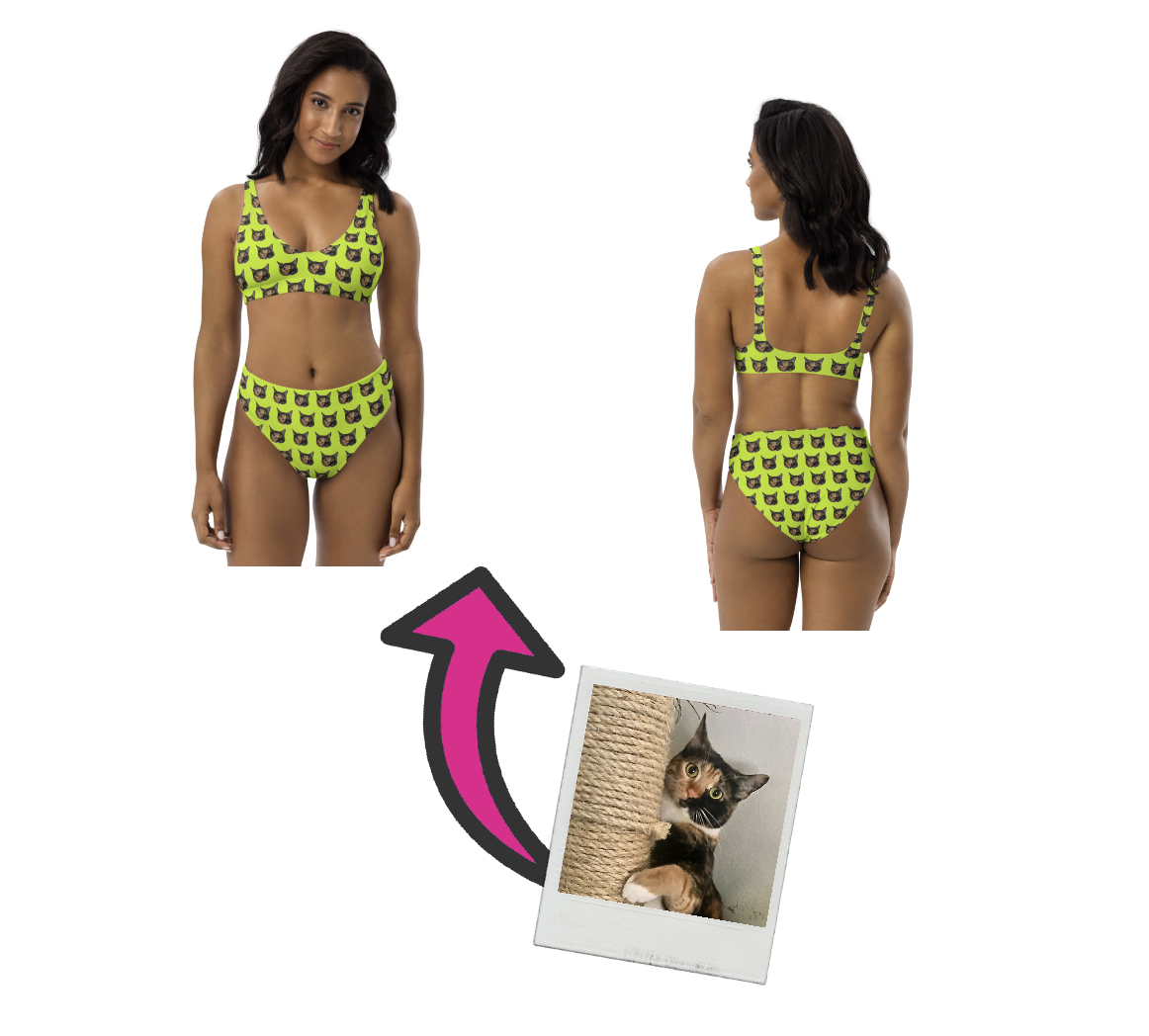 👸🏽👙Custom Photo Recycled high-waisted bikini, Eco-friendly Personalized Bikini, custom design your Eco-concious Bikini, add photo, logo, artwork, Two piece swimsuit, Swimwear