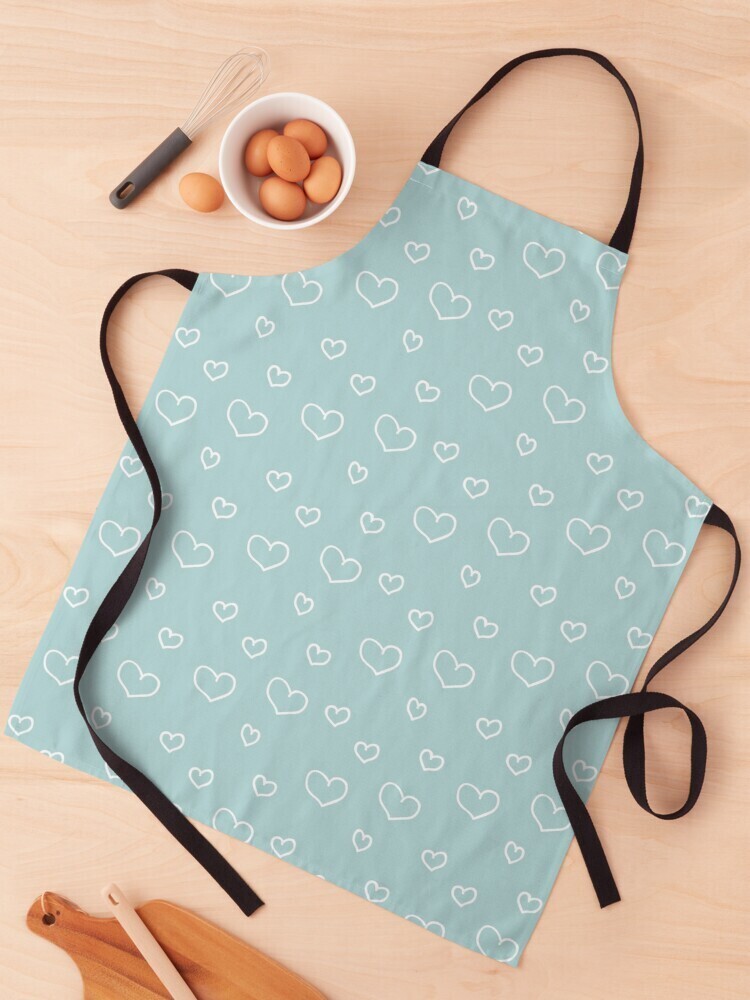 👸🏽🤴🏽💕Love Apron, Valentine Apron, Apron with white outline hearts on light teal, Valentine's day gift, Heart pattern, Made in the USA