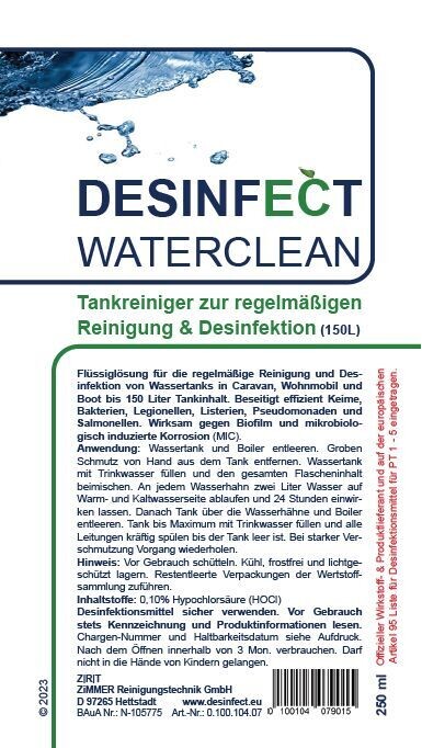 DESINFECT WATERCLEAN
- TANKREINIGER -
zur regelmäßigen Reinigung & Desinfektion
1x250 ml Flasche