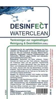 DESINFECT WATERCLEAN
- TANKREINIGER -
zur regelmäßigen Reinigung & Desinfektion
1x250 ml Flasche