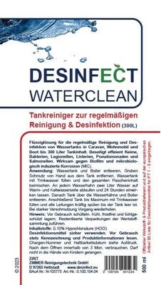 DESINFECT WATERCLEAN
- TANKREINIGER -
zur regelmäßigen Reinigung & Desinfektion
1x500 ml Flasche