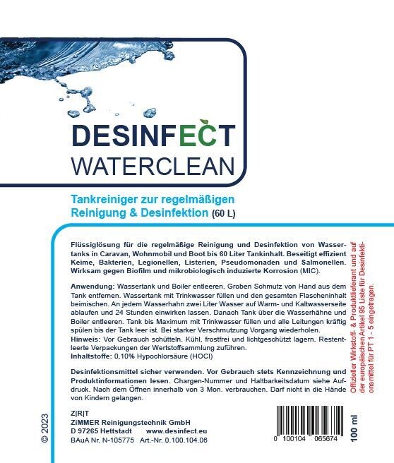 DESINFECT WATERCLEAN
- TANKREINIGER -
zur regelmäßigen Reinigung & Desinfektion
1x100 ml Flasche