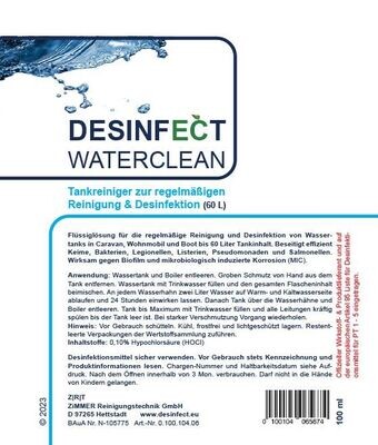 DESINFECT WATERCLEAN
- TANKREINIGER -
zur regelmäßigen Reinigung & Desinfektion
1x100 ml Flasche