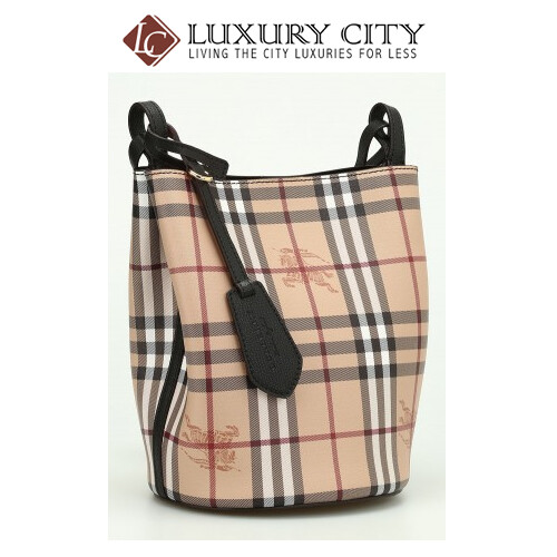 [Luxury City] Burberry Leather And Haymarket Check Crossbody Bucket Bag In Black Burberry-40571581
