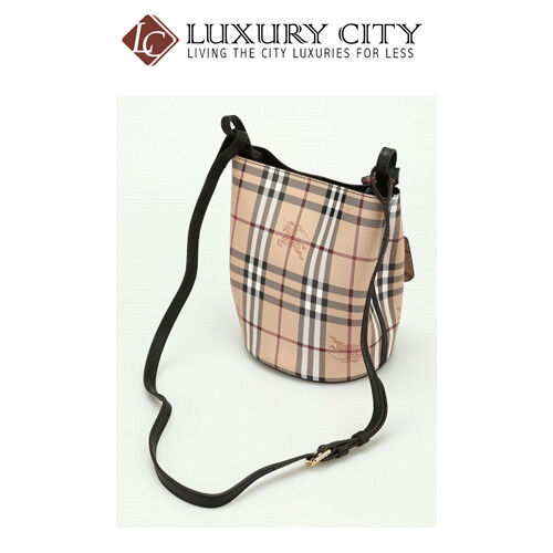 [Luxury City] Burberry Leather And Haymarket Check Crossbody Bucket Bag In Black Burberry-40571581