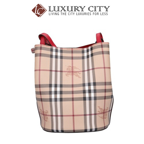 [Luxury City] Burberry Leather And Haymarket Check Crossbody Bucket Bag In Poppy Red Burberry-40571571