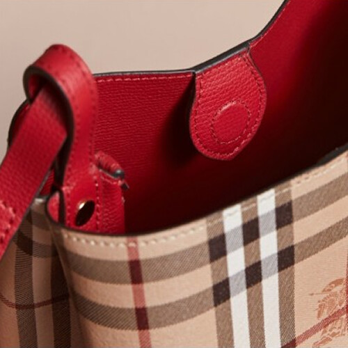Luxury City] Burberry Leather And Haymarket Check Crossbody Bucket Bag In  Poppy Red Burberry-40571571