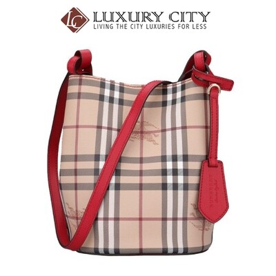 [Luxury City] Burberry Leather And Haymarket Check Crossbody Bucket Bag In Poppy Red Burberry-40571571