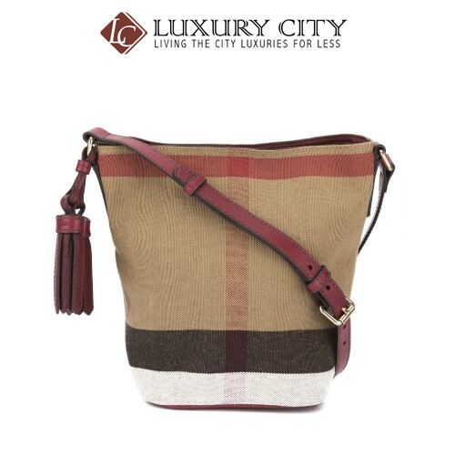 [Luxury City] Burberry Burgundy Red Leather And Canvas Check Small Ashby Bag Burberry-40204851