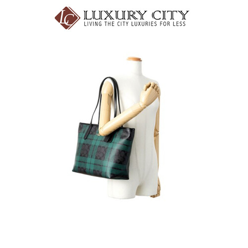 [Luxury City] Coach Zip Top Tote In SignatureI Canvas With Field Plaid Print Blue Green Coach-F80028