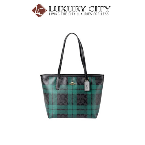 [Luxury City] Coach Zip Top Tote In SignatureI Canvas With Field Plaid Print Blue Green Coach-F80028