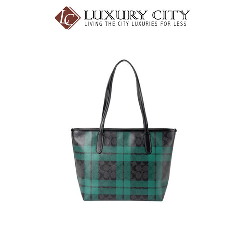 [Luxury City] Coach Zip Top Tote In SignatureI Canvas With Field Plaid Print Blue Green Coach-F80028