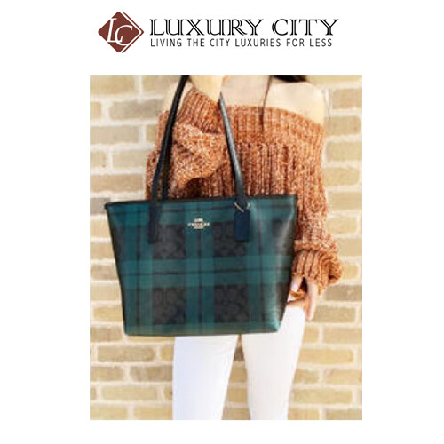 [Luxury City] Coach Zip Top Tote In SignatureI Canvas With Field Plaid Print Blue Green Coach-F80028