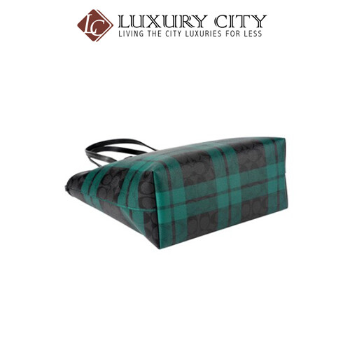 [Luxury City] Coach Zip Top Tote In SignatureI Canvas With Field Plaid Print Blue Green Coach-F80028