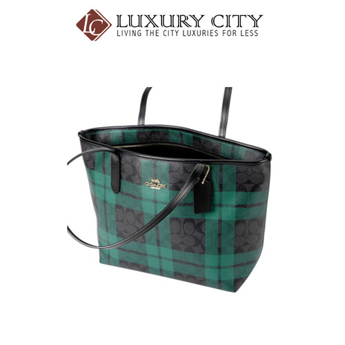 [Luxury City] Coach Zip Top Tote In SignatureI Canvas With Field Plaid Print Blue Green Coach-F80028