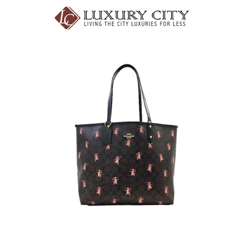 [Luxury City] Coach Reversible City Tote In Signature Canvas With Party Mouse Print Brown/Mahogany Coach-F80231