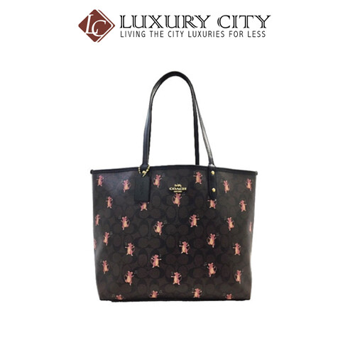[Luxury City] Coach Reversible City Tote In Signature Canvas With Party Mouse Print Brown/Mahogany Coach-F80231