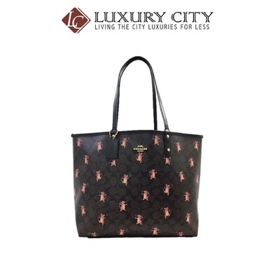 [Luxury City] Coach Reversible City Tote In Signature Canvas With Party Mouse Print Brown/Mahogany Coach-F80231