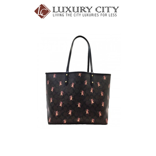 [Luxury City] Coach Reversible City Tote In Signature Canvas With Party Mouse Print Brown/Mahogany Coach-F80231