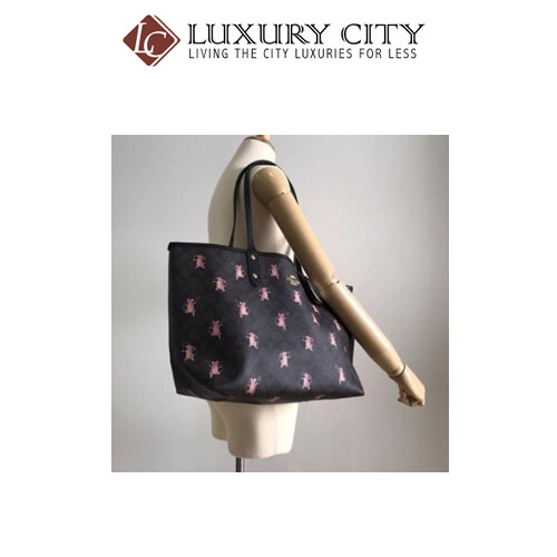 [Luxury City] Coach Reversible City Tote In Signature Canvas With Party Mouse Print Brown/Mahogany Coach-F80231