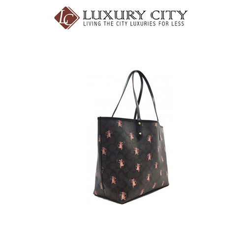 [Luxury City] Coach Reversible City Tote In Signature Canvas With Party Mouse Print Brown/Mahogany Coach-F80231