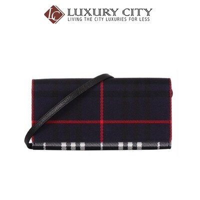 [Luxury City] Burberry Leather Trim Haymarket Check Wallet With Chain in Light Elderberry Burberry-40609781