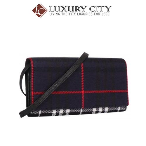 [Luxury City] Burberry Leather Trim Haymarket Check Wallet With Chain in Light Elderberry Burberry-40609781