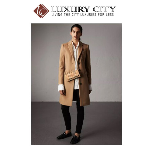 [Luxury City] Burberry Leather Trim Haymarket Check Wallet With Chain in Light Elderberry Burberry-40609781