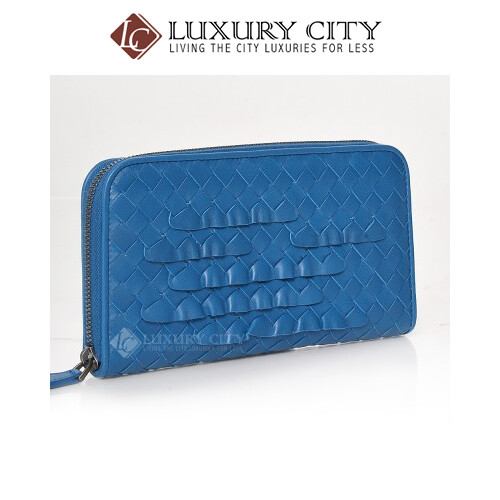 [Luxury City] Bottega Veneta Intrecciato Nappa Zip Around Wallet Blue