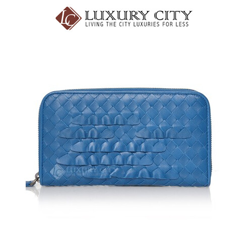 [Luxury City] Bottega Veneta Intrecciato Nappa Zip Around Wallet Blue