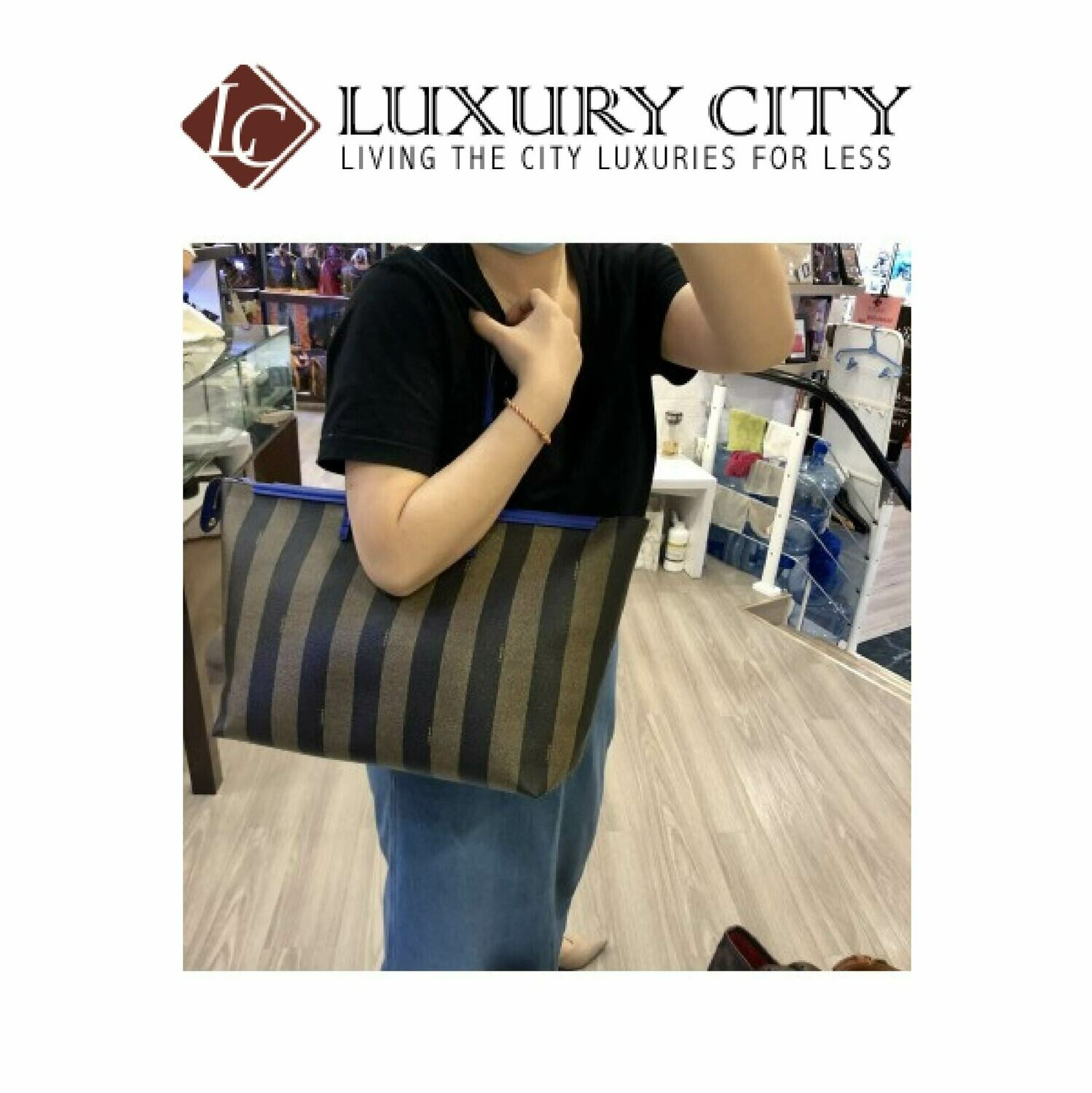 [Luxury City] Fendi Tobacco/Blue Pequin- Striped Roll Tote Blue Fendi- 8BH185