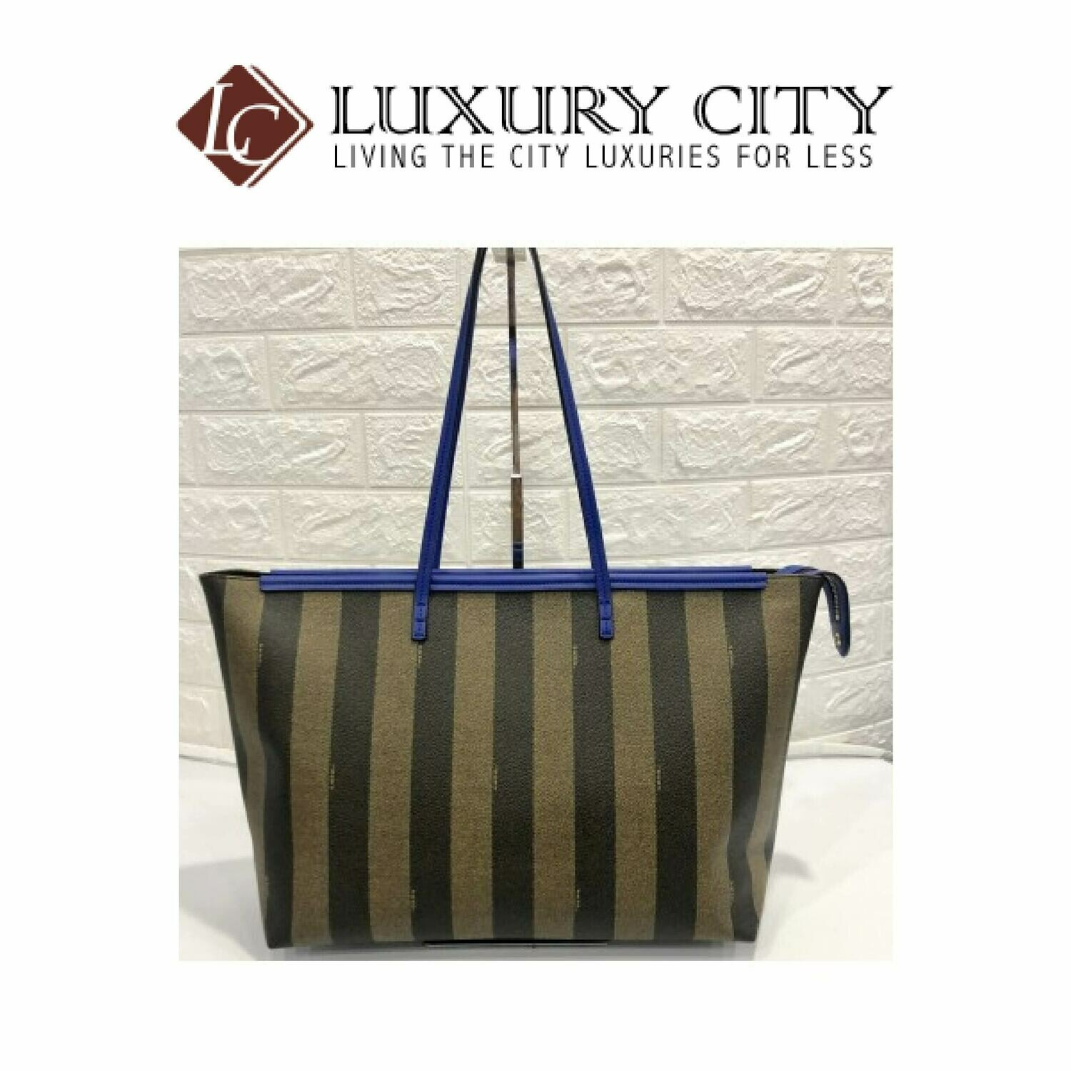 [Luxury City] Fendi Tobacco/Blue Pequin- Striped Roll Tote Blue Fendi- 8BH185