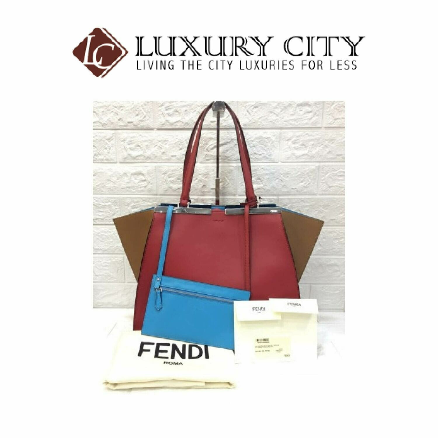[Luxury City] Fendi Black/Plaster Leather Grande 3Jours Tote Bag 8BH280 - Red/Brown