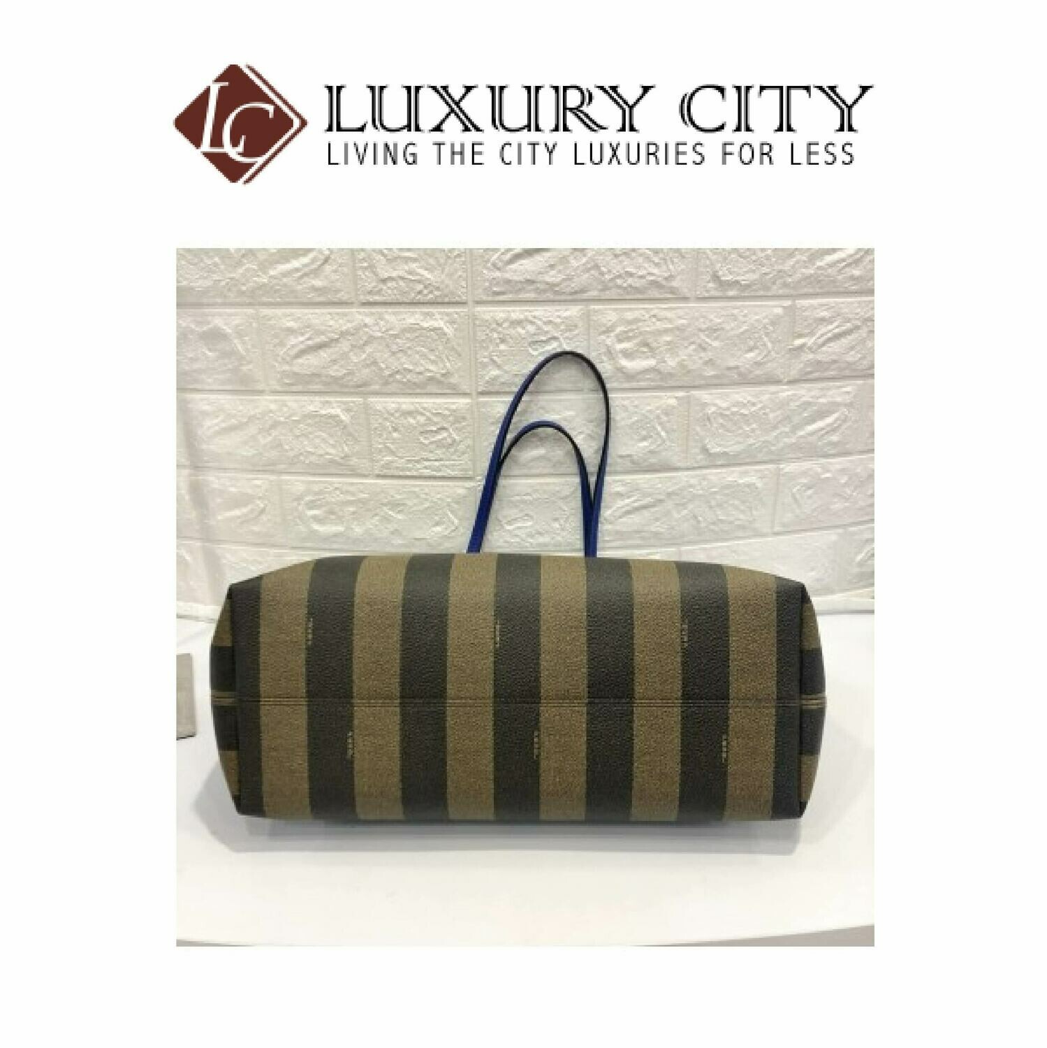 [Luxury City] Fendi Tobacco/Blue Pequin- Striped Roll Tote Blue Fendi- 8BH185