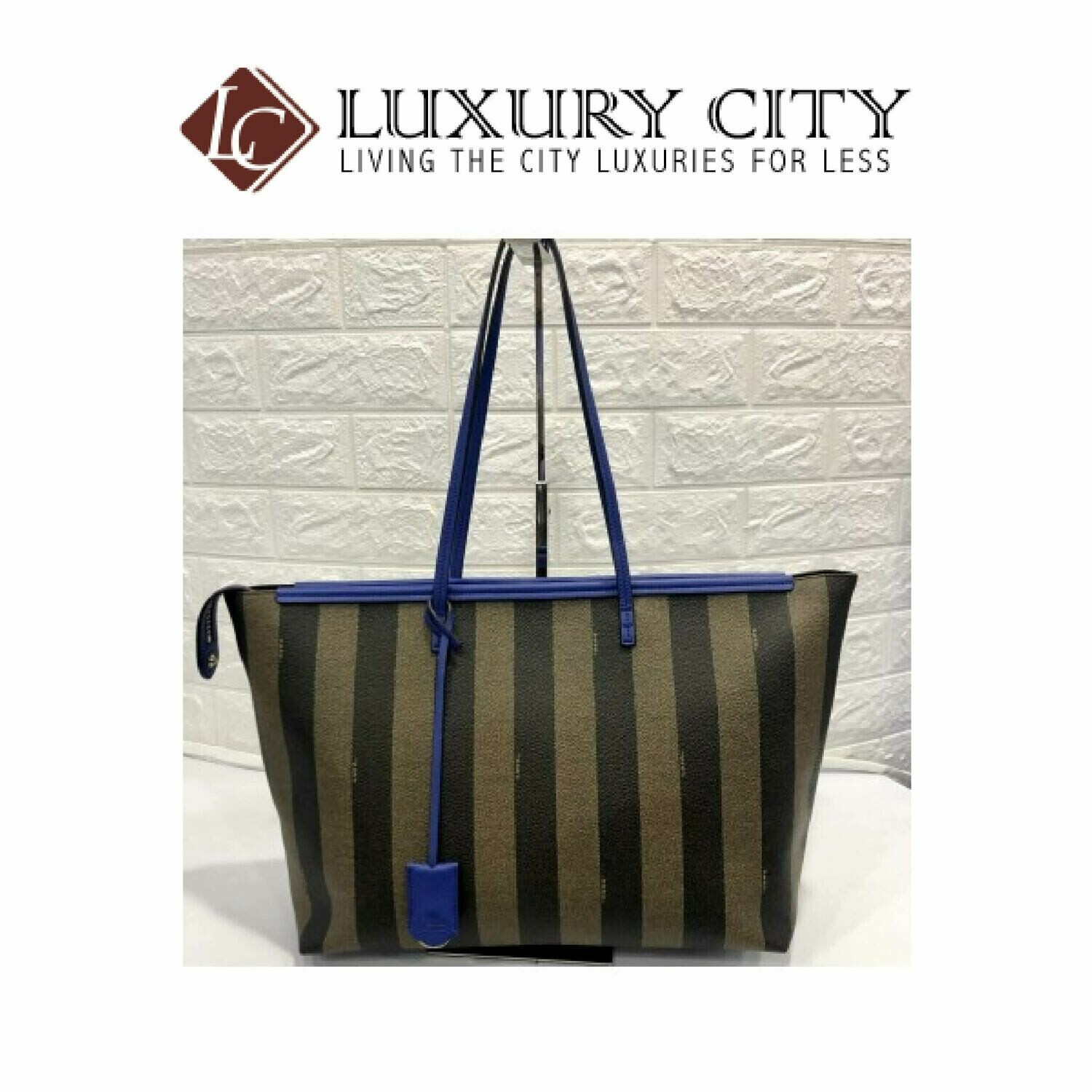 [Luxury City] Fendi Tobacco/Blue Pequin- Striped Roll Tote Blue Fendi- 8BH185