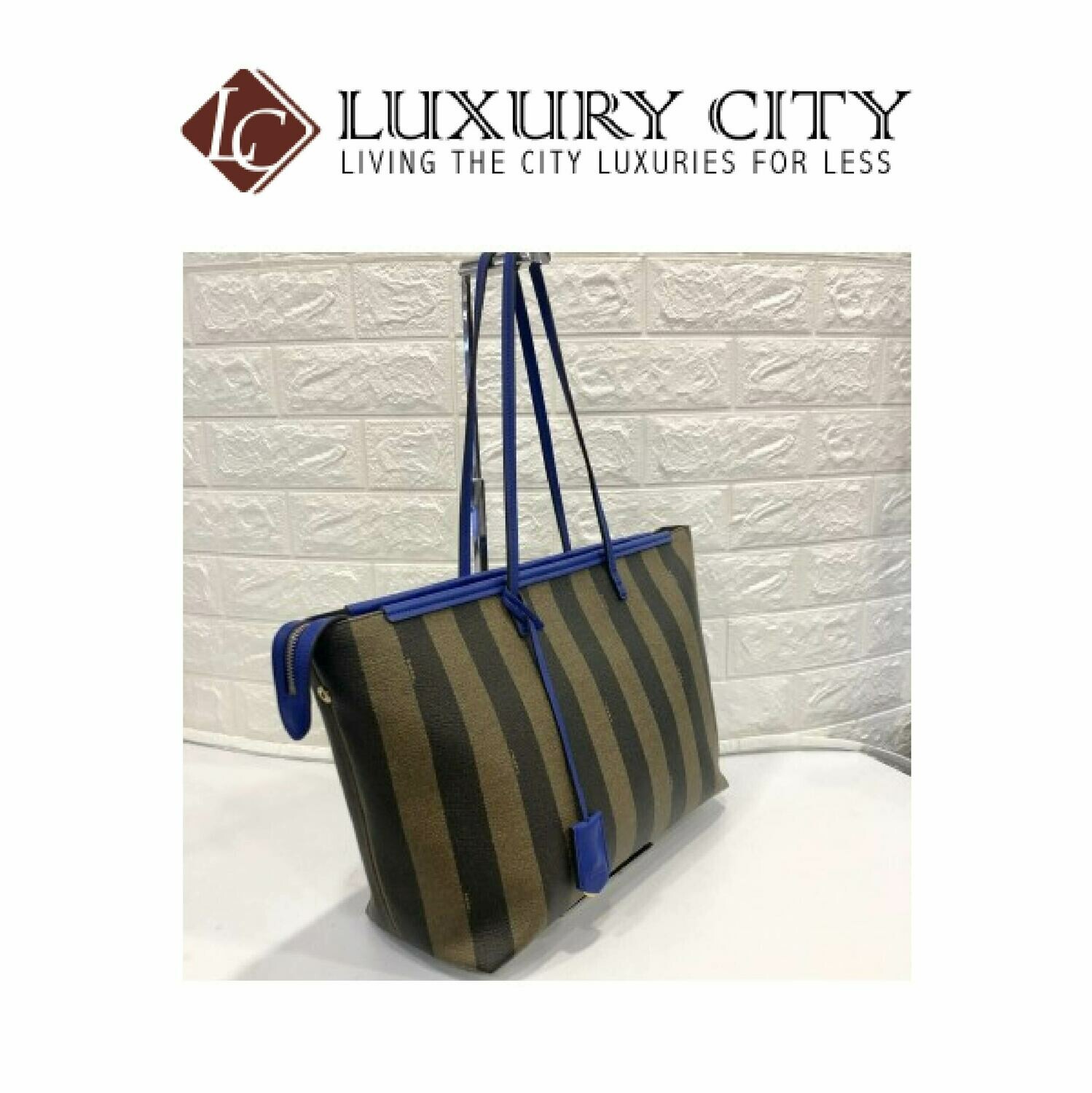 [Luxury City] Fendi Tobacco/Blue Pequin- Striped Roll Tote Blue Fendi- 8BH185