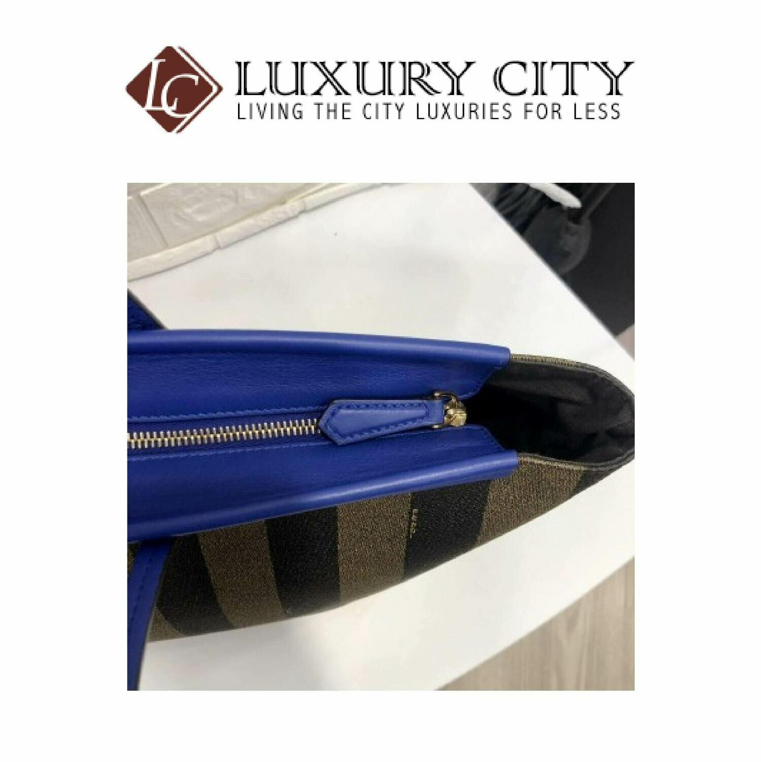 [Luxury City] Fendi Tobacco/Blue Pequin- Striped Roll Tote Blue Fendi- 8BH185