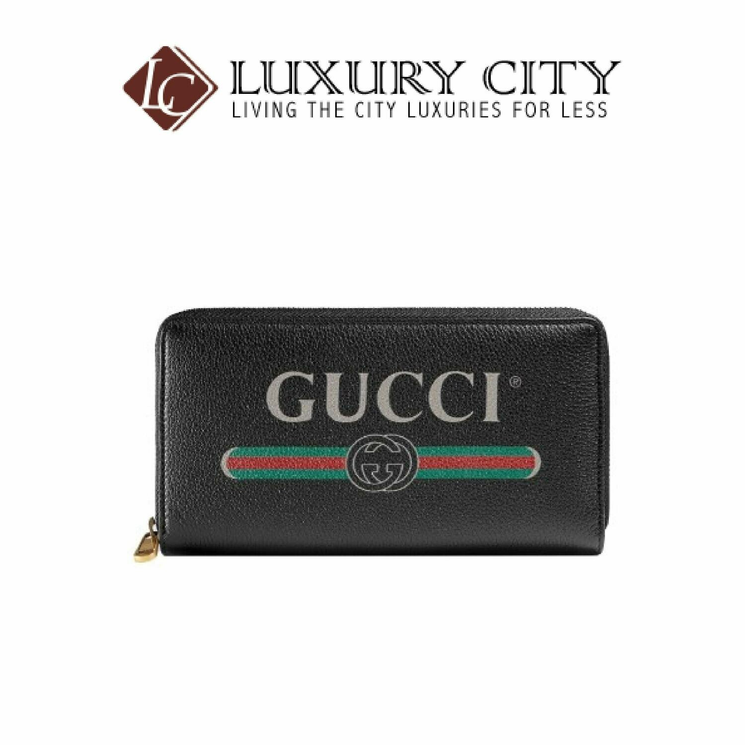 [Luxury City] Gucci Print Leather Zip Around Wallet Black Gucci-496317