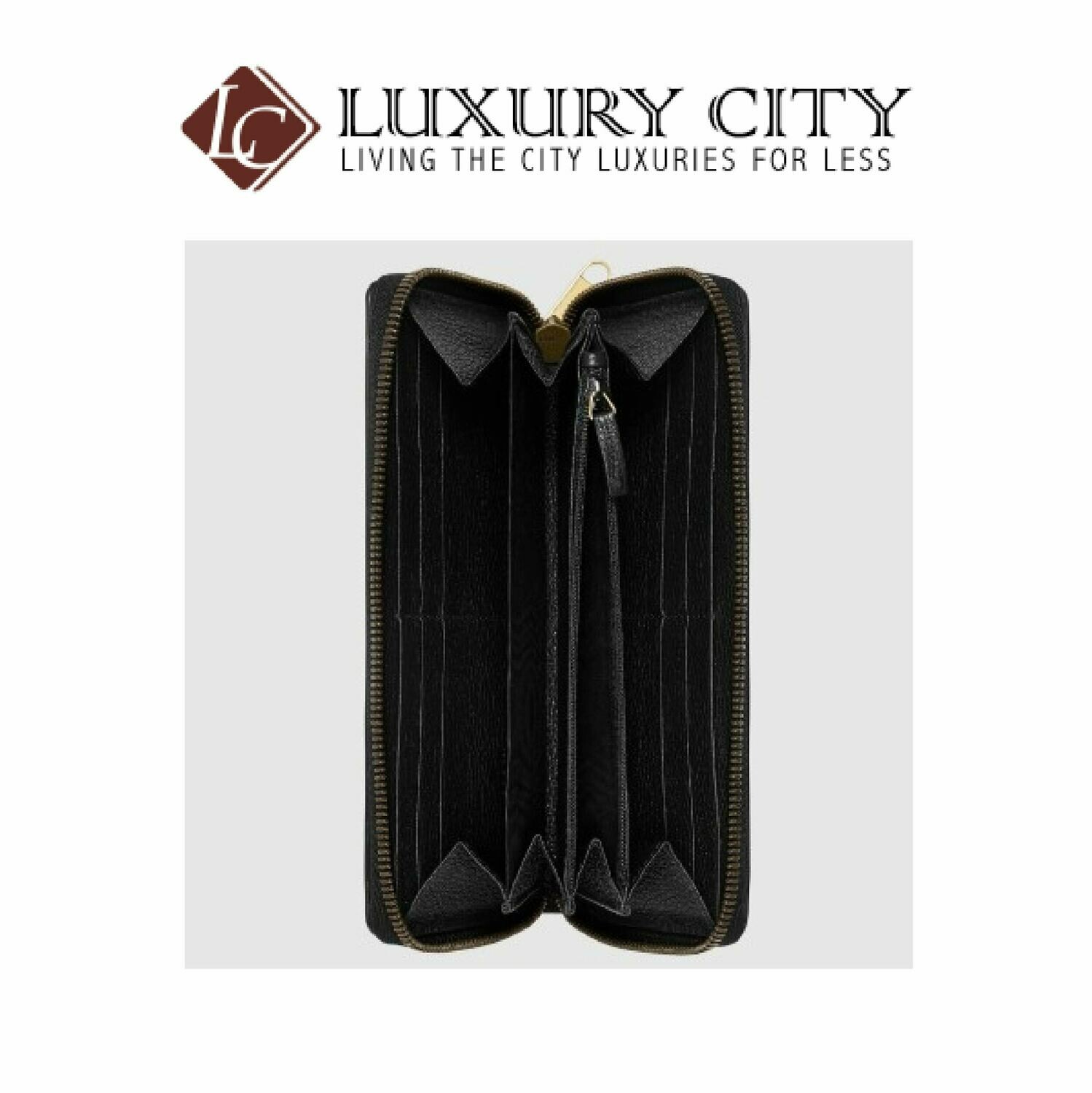 [Luxury City] Gucci Print Leather Zip Around Wallet Black Gucci-496317