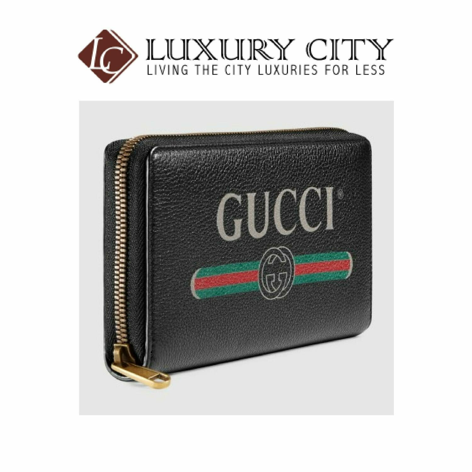 [Luxury City] Gucci Print Leather Zip Around Wallet Black Gucci-496317