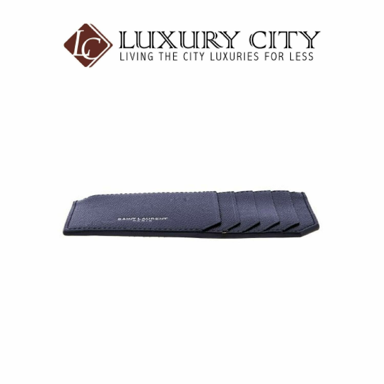 [Luxury City] Saint Laurent Fragment Card Case In Grain De Poudre Embossed Leather YSL-458589 Navy Blue