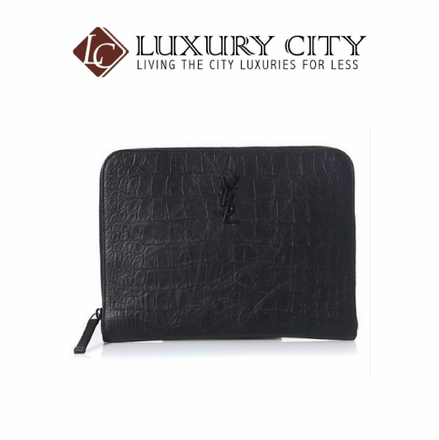 [Luxury City] Saint Laurent Monogram Tablet Holder In Crocodile Embossed Leather Black YSL-529862